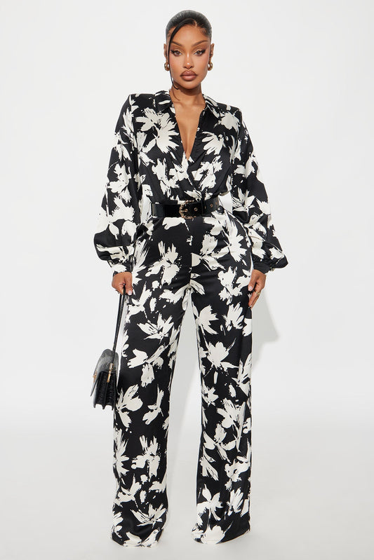 Nohely Satin Belted Jumpsuit - Black/White