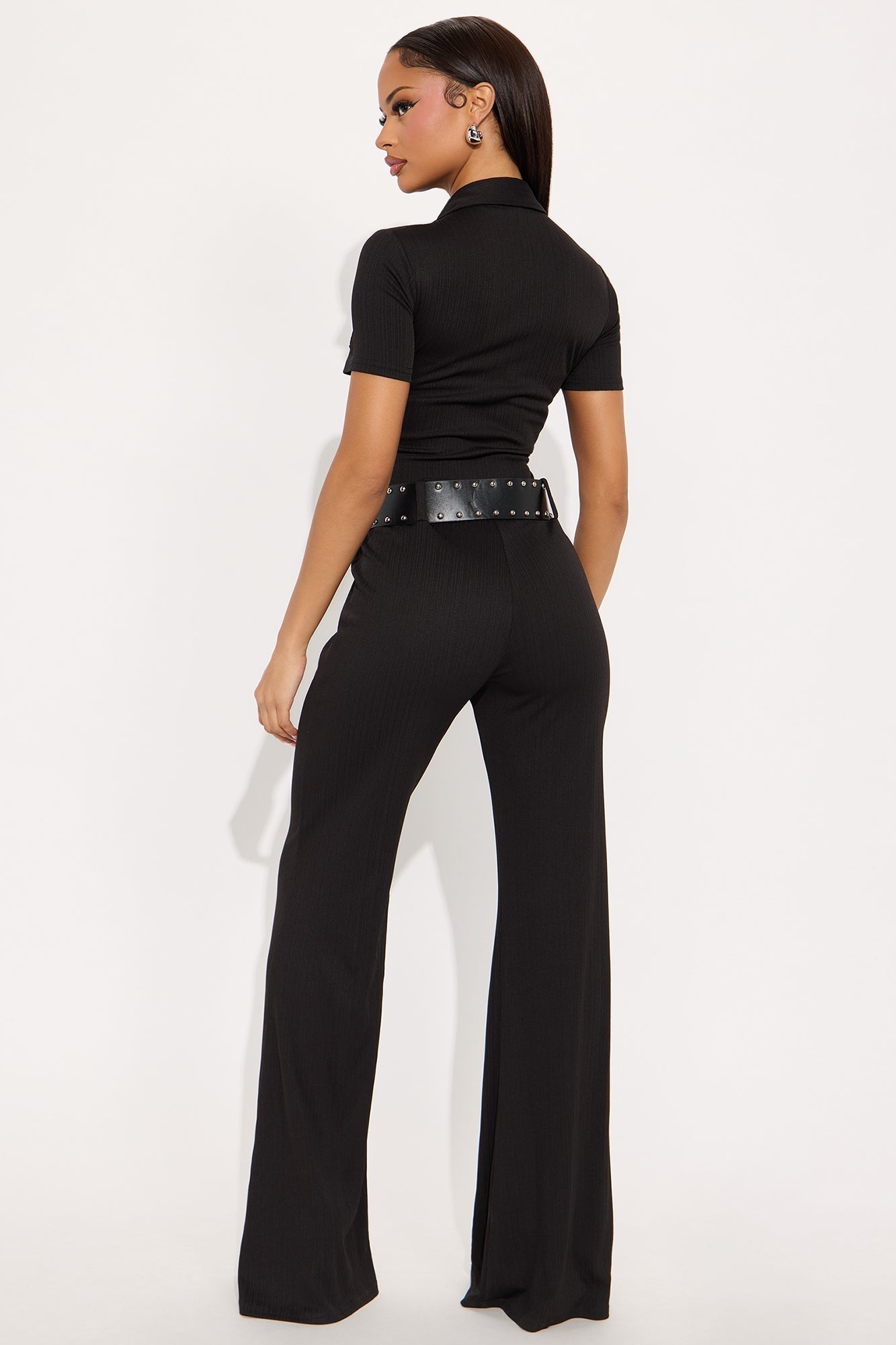 Sophie Ribbed Belted Flared Jumpsuit - Black