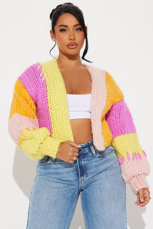 Camille Chunky Knit Color Block Cropped Cardigan - Pink/combo