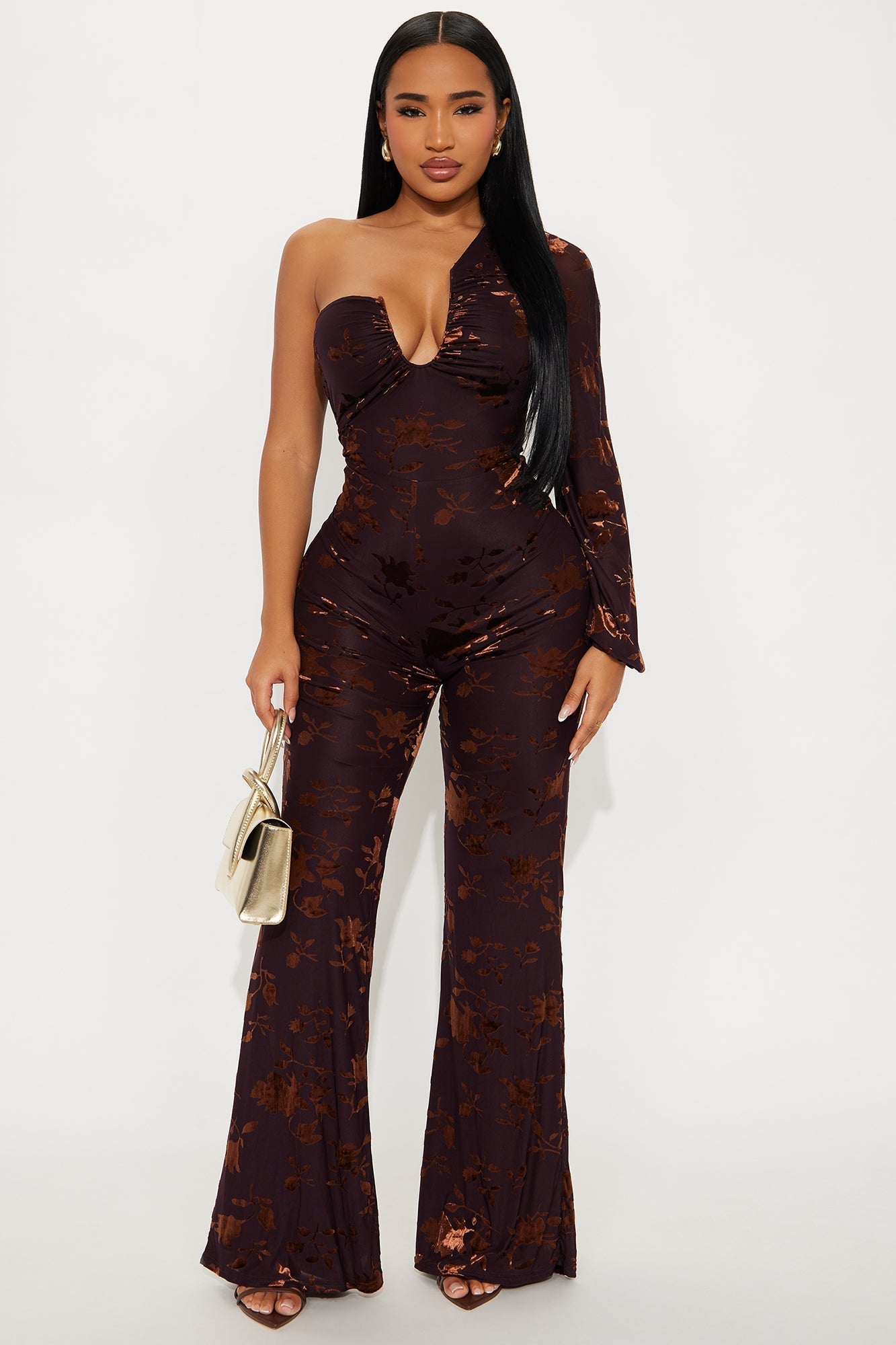 Cera One Sleeve Mesh Jumpsuit - Dark Brown
