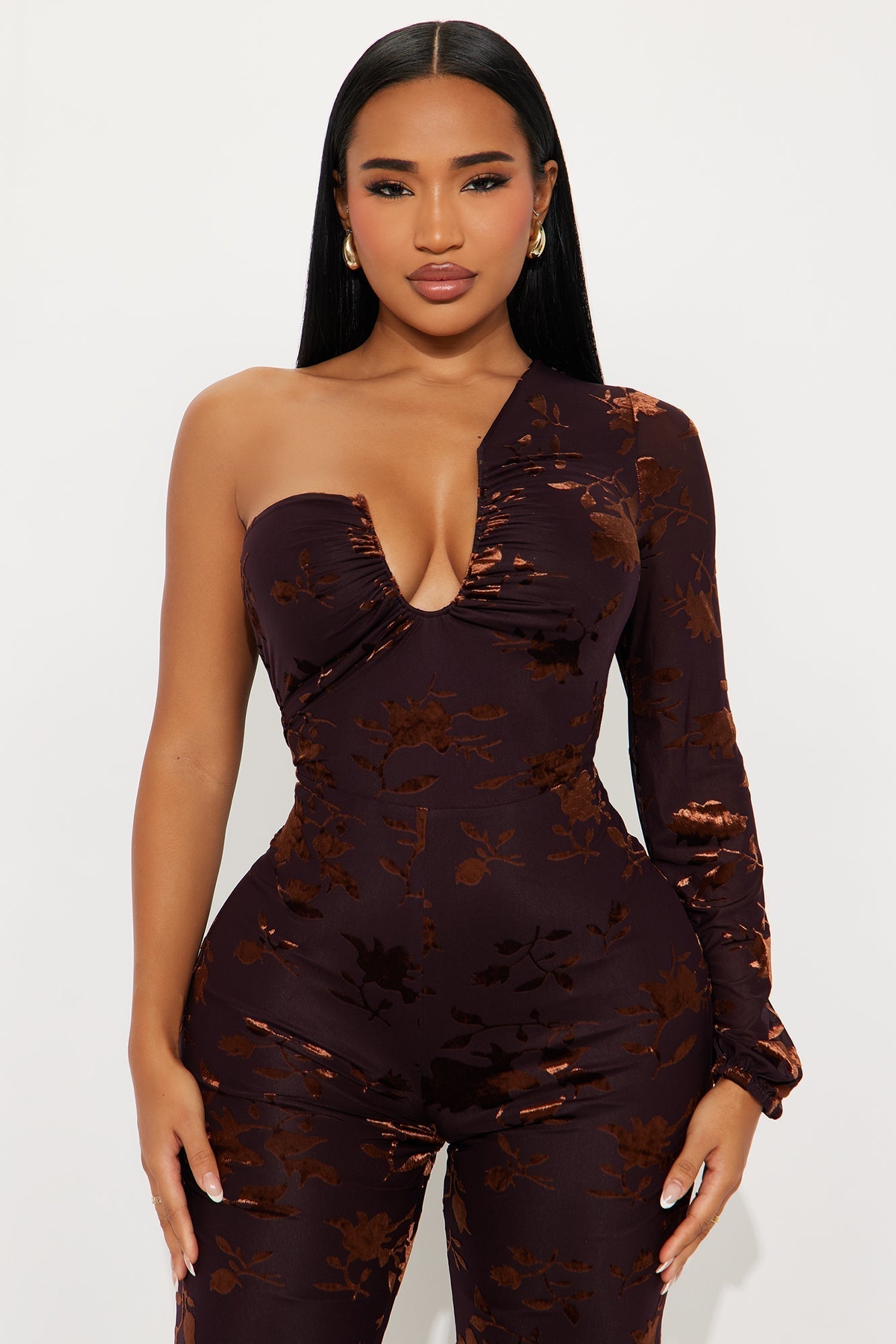 Cera One Sleeve Mesh Jumpsuit - Dark Brown