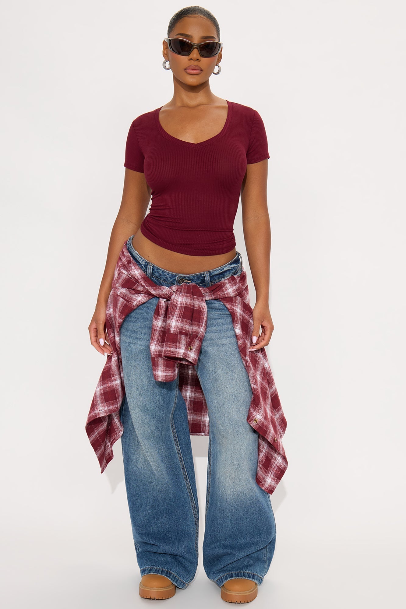 Natalie Ribbed Tee - Burgundy