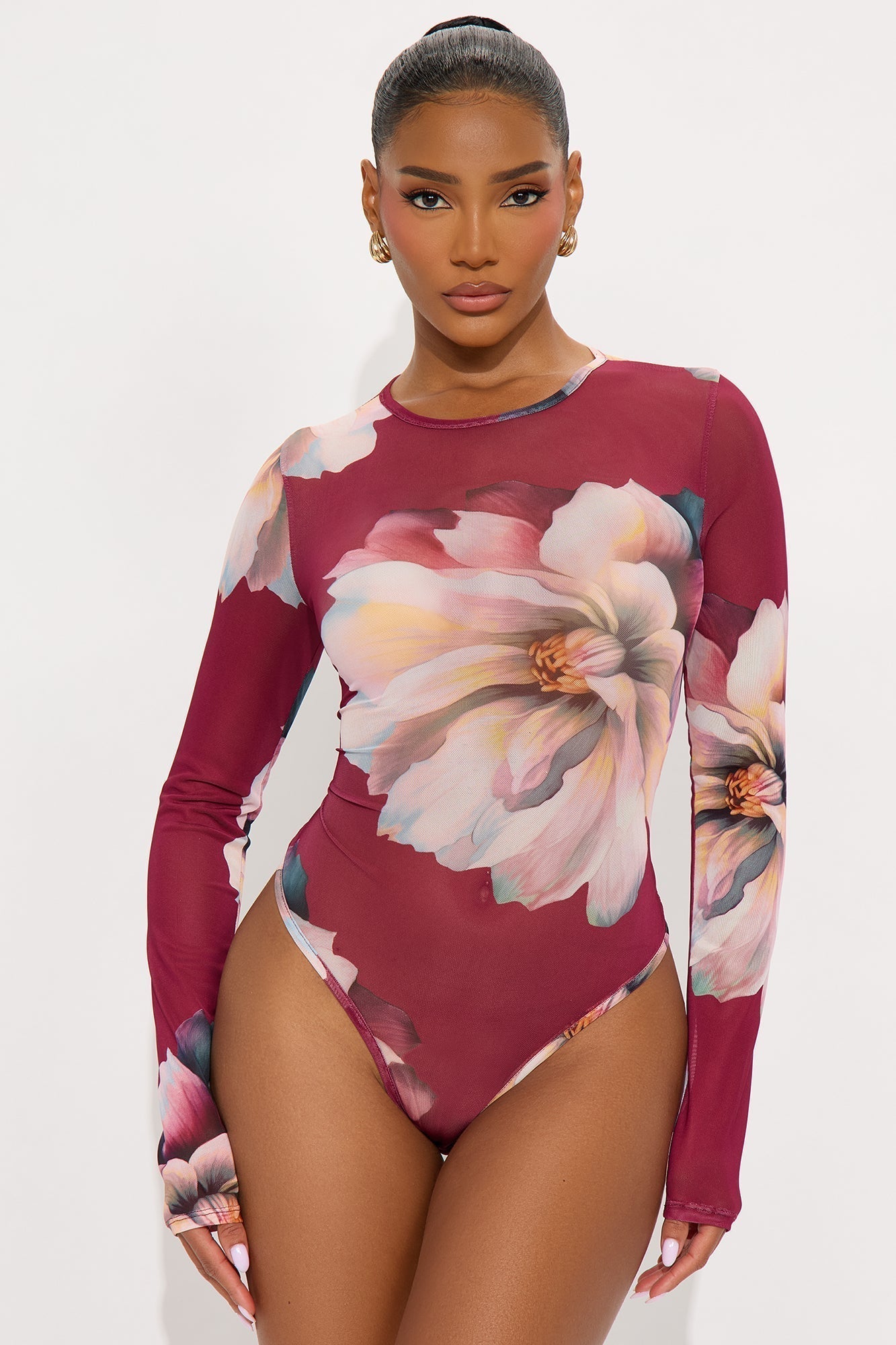 Gail Long Sleeve Mesh Bodysuit - Burgundy/combo