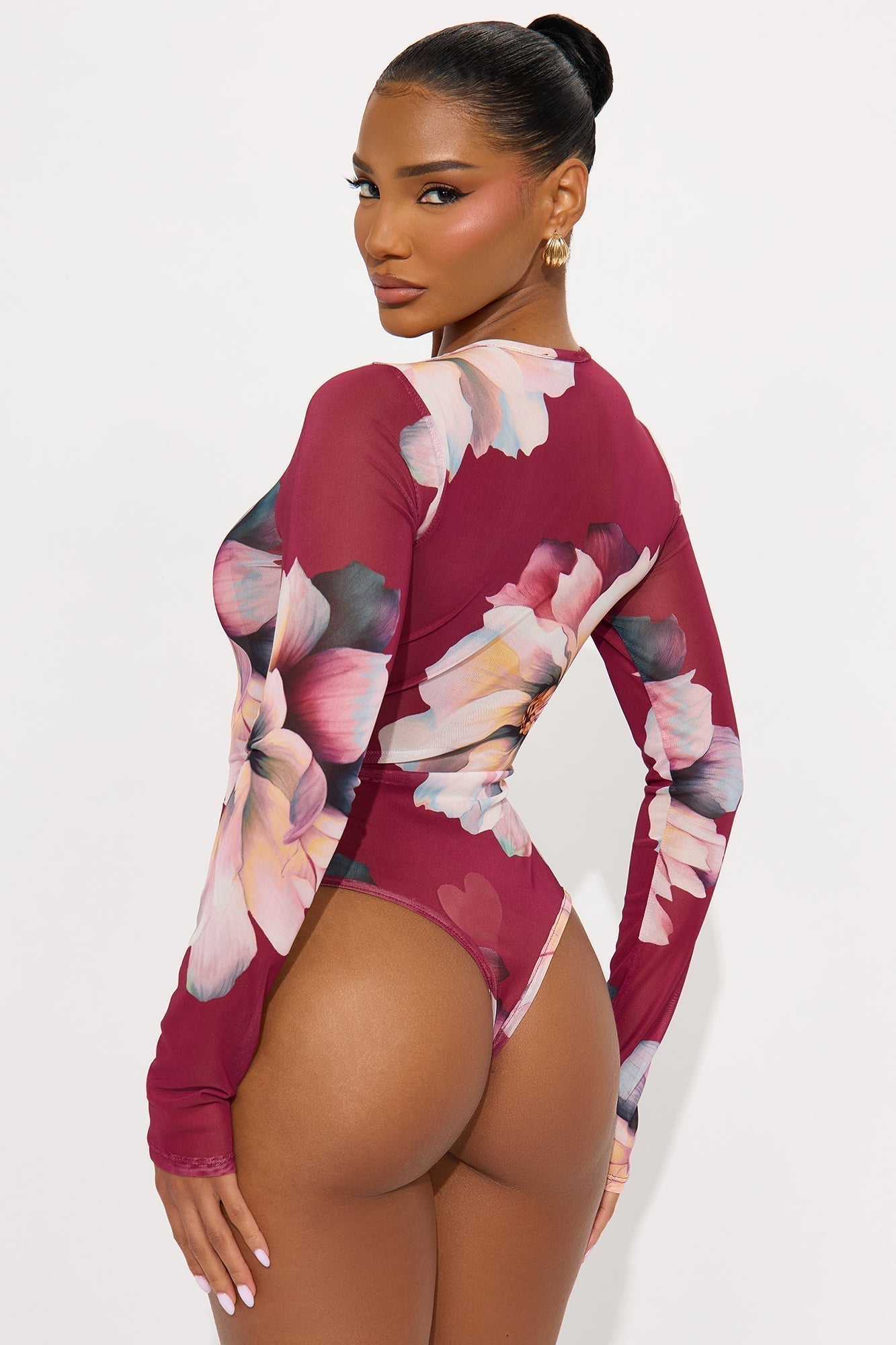 Gail Long Sleeve Mesh Bodysuit - Burgundy/combo