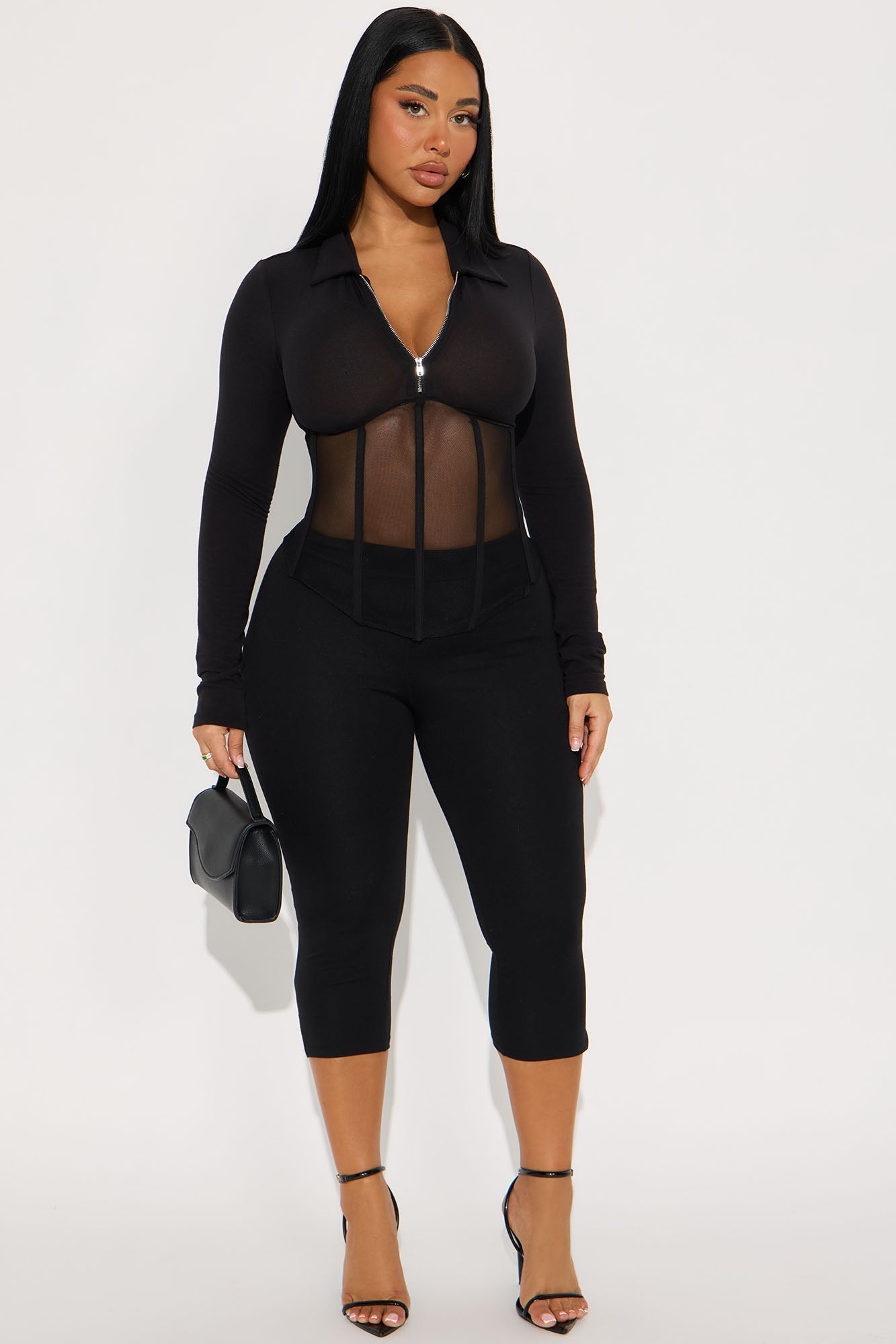 Nessie Long Sleeve Collared Corset Top - Black