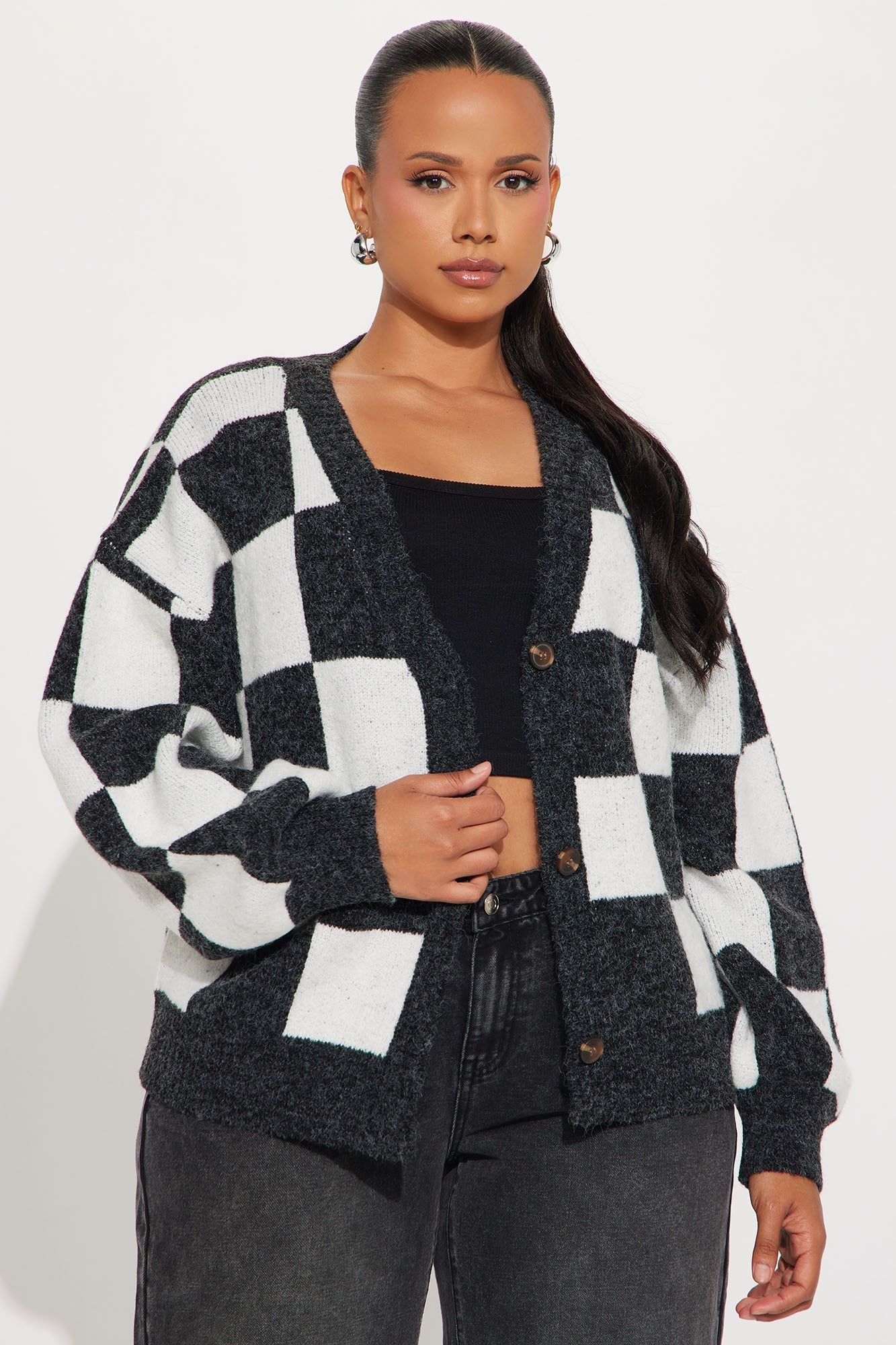 Squares For Days Checkered Cardigan - Black/combo
