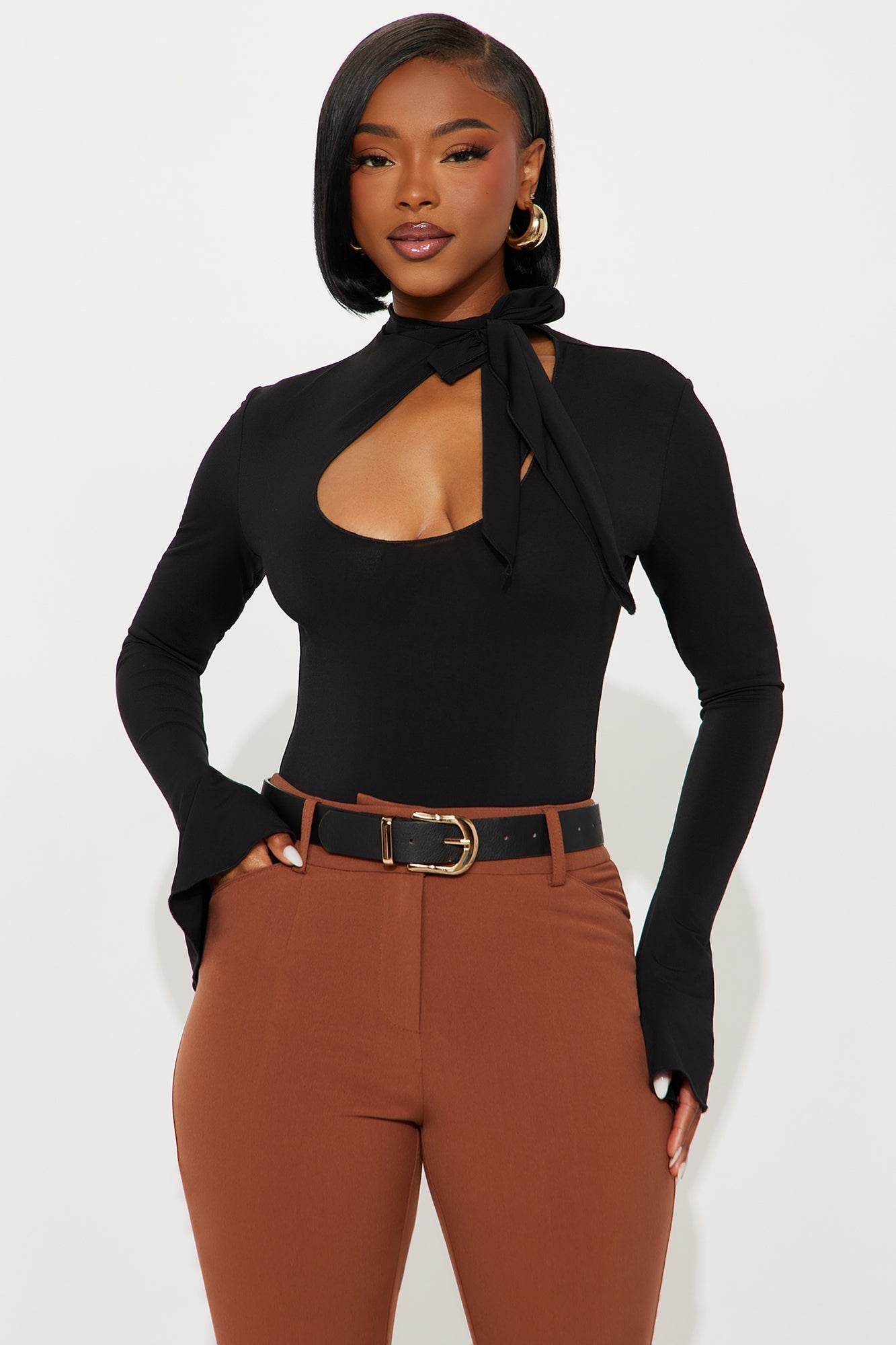 Silent Drama Long Sleeve Mock Neck Bodysuit - Black