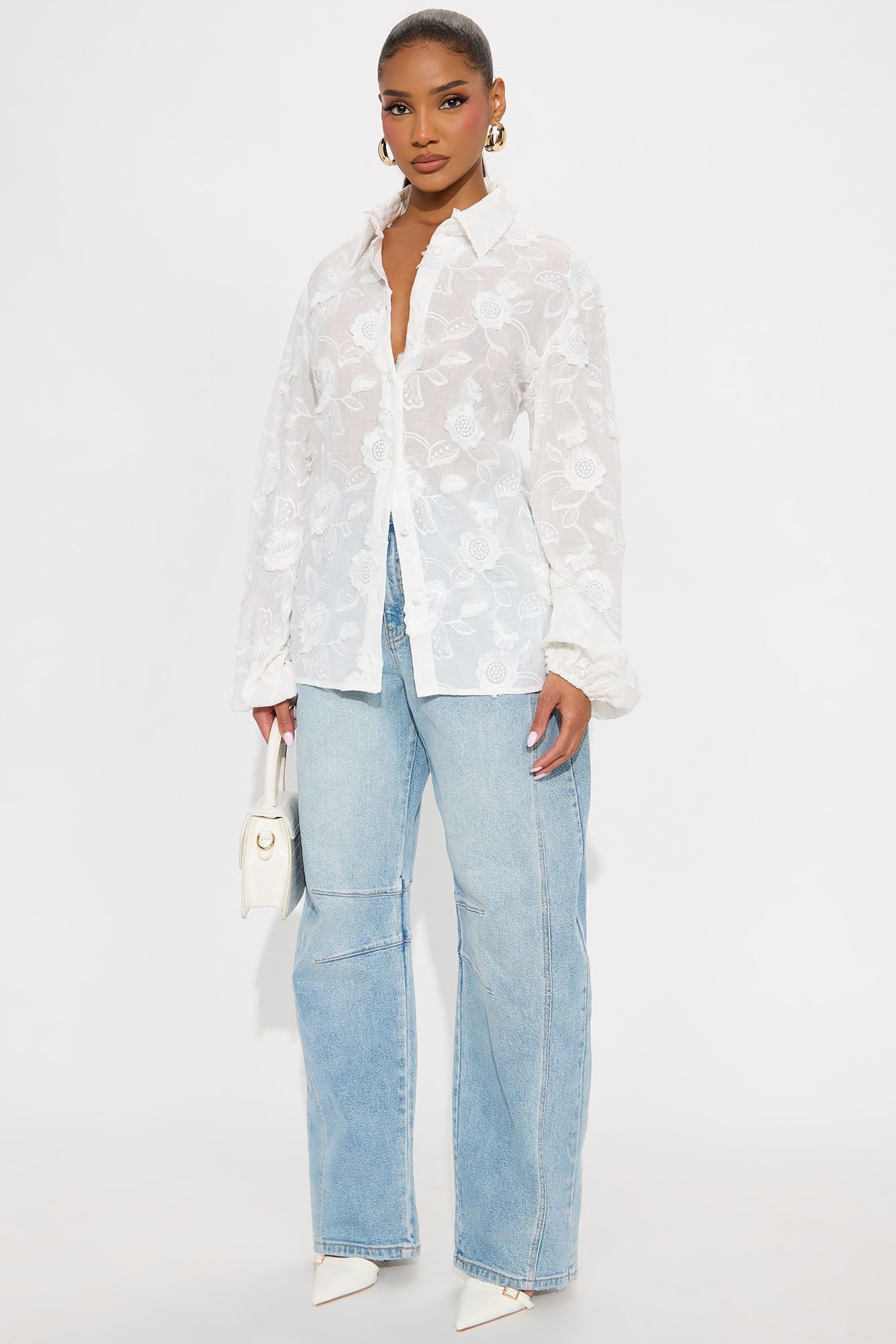 Garden Chic Floral Applique Shirt - White