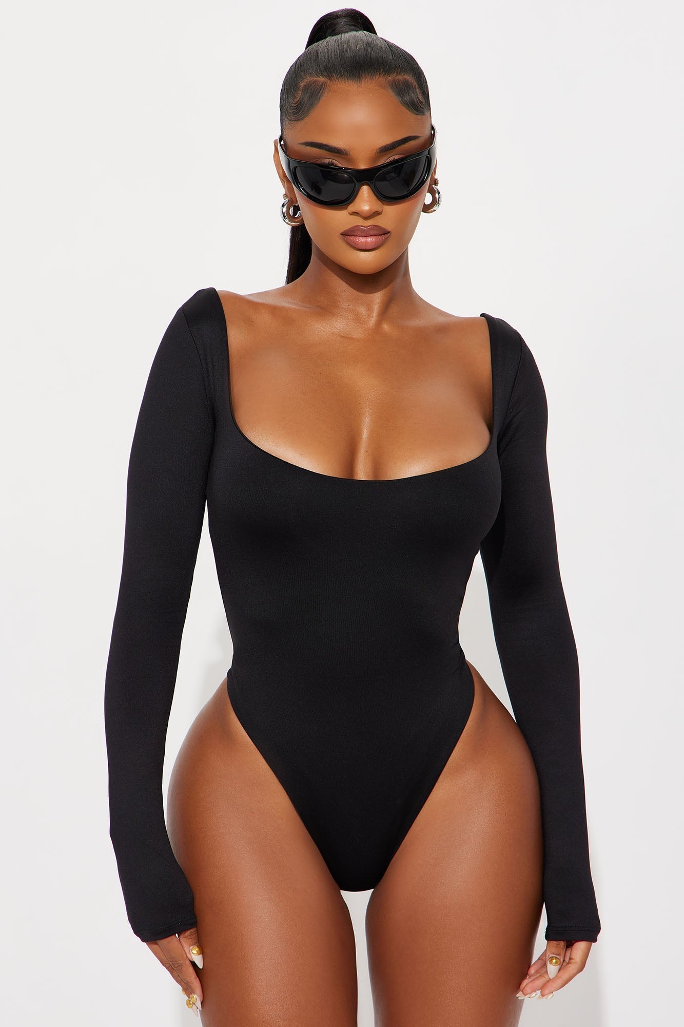 Contour Double Lined Long Sleeve Wide Scoop Neck Bodysuit - Black