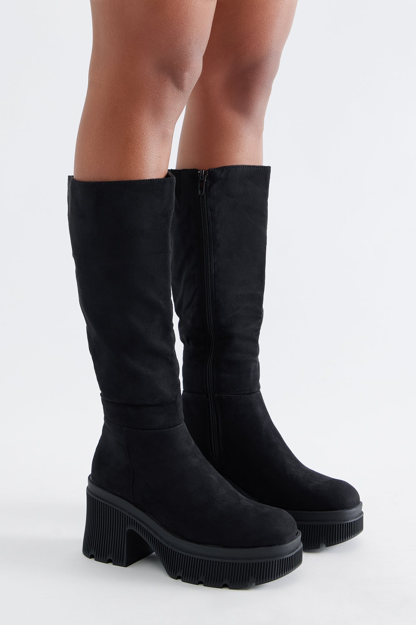Attached Faux Suede Boots - Black