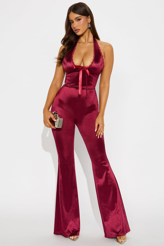 Seeking Some Fun Satin Jumpsuit - Wine