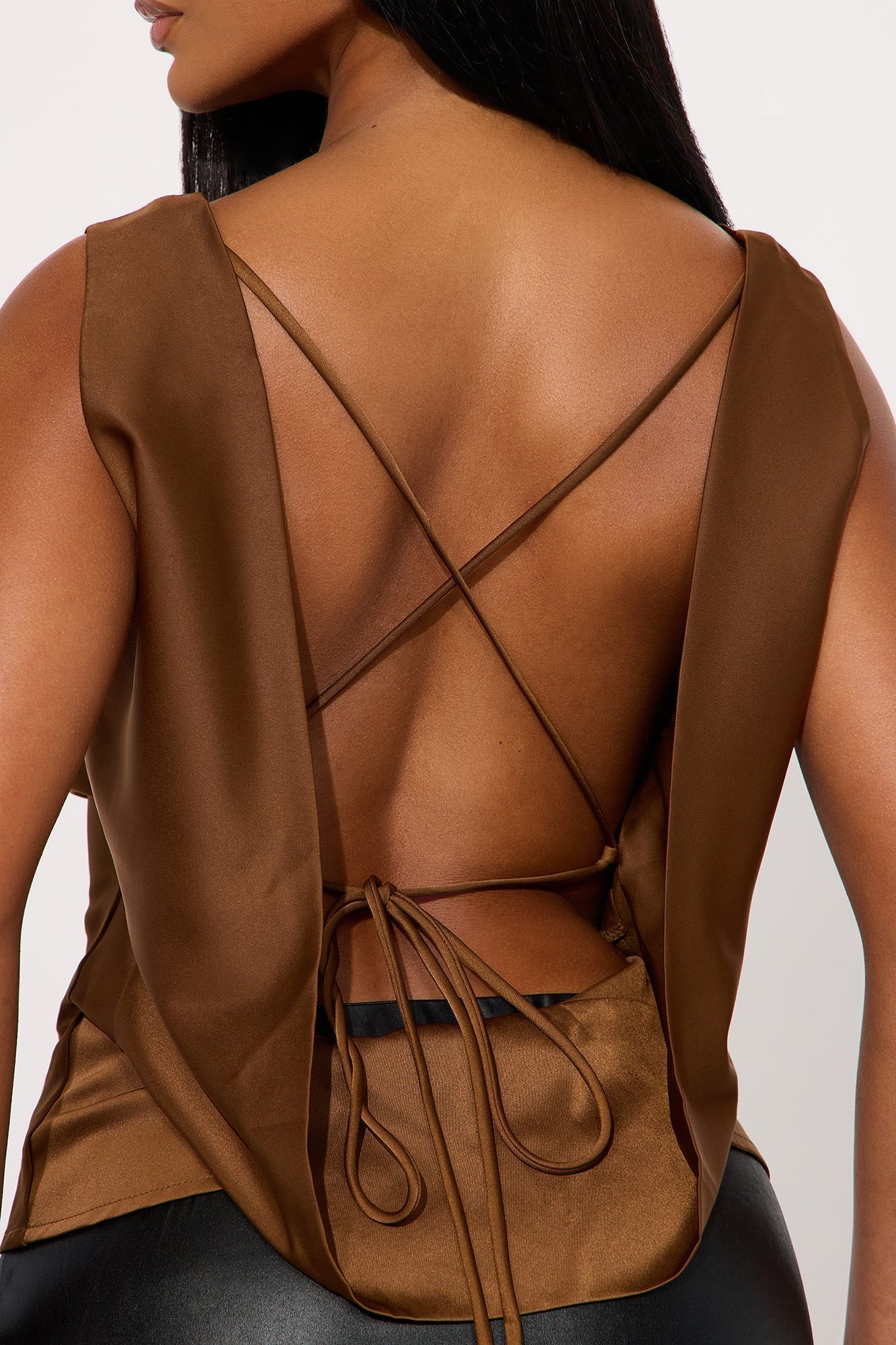 Match My Vibe Lace Up Satin Blouse - Brown