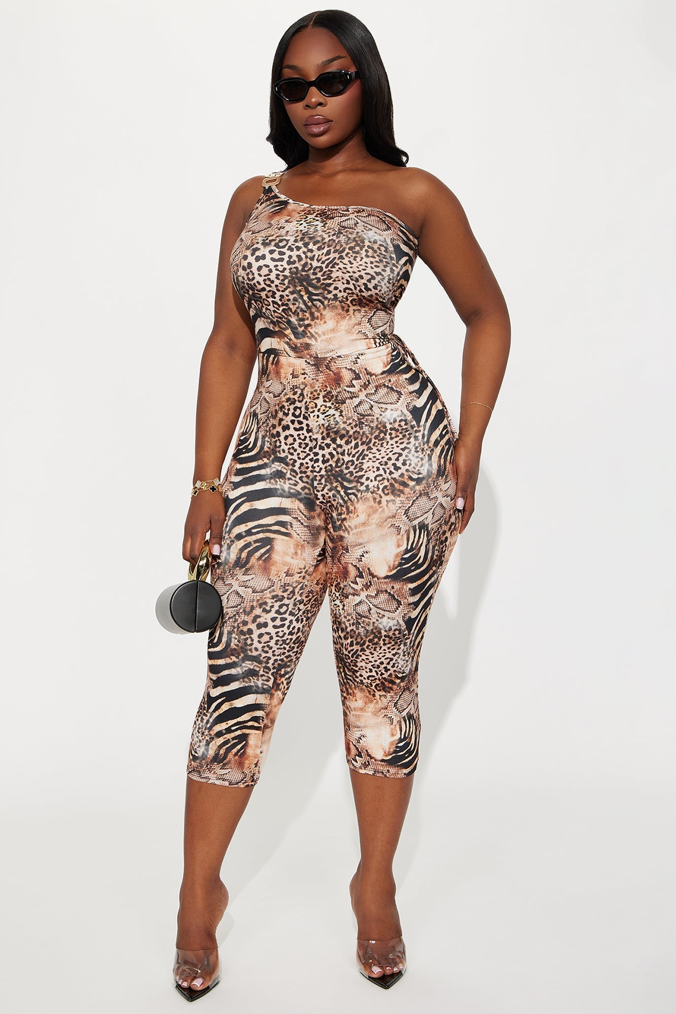 Jelena One Shoulder Capri Jumpsuit - Black/combo