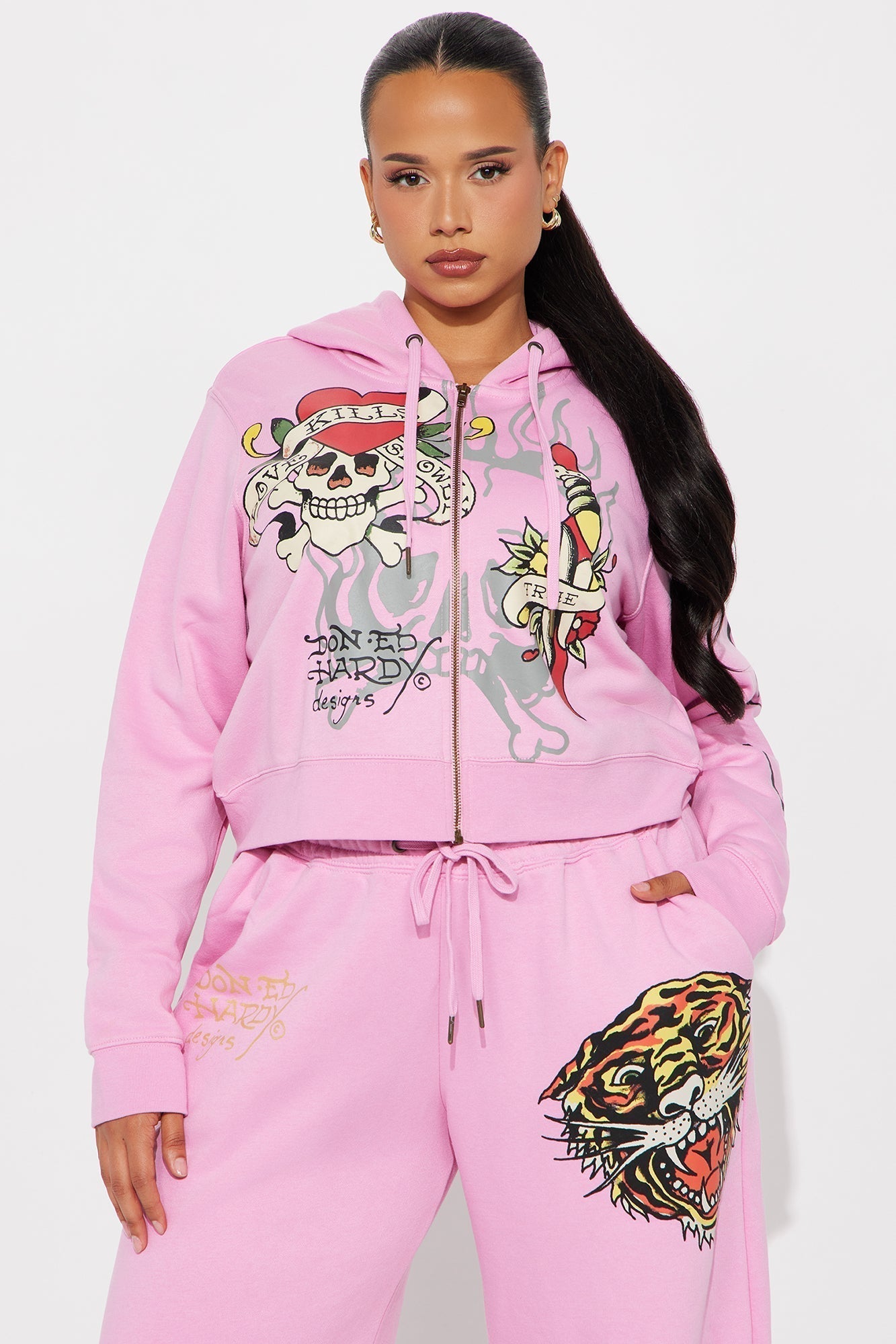 Ed Hardy Tiger Roar Zip Up Hoodie - Pink