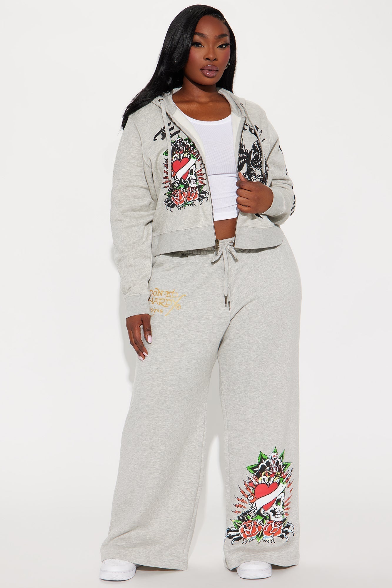 Heart Of Roses Ed Hardy Zip Front Hoodie - Heather Grey