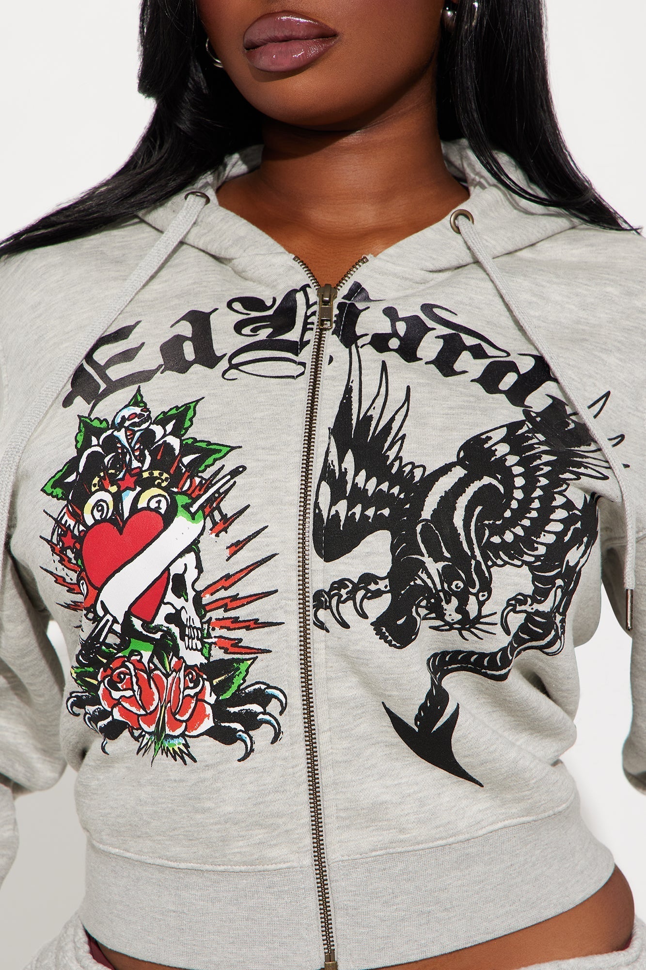 Heart Of Roses Ed Hardy Zip Front Hoodie - Heather Grey