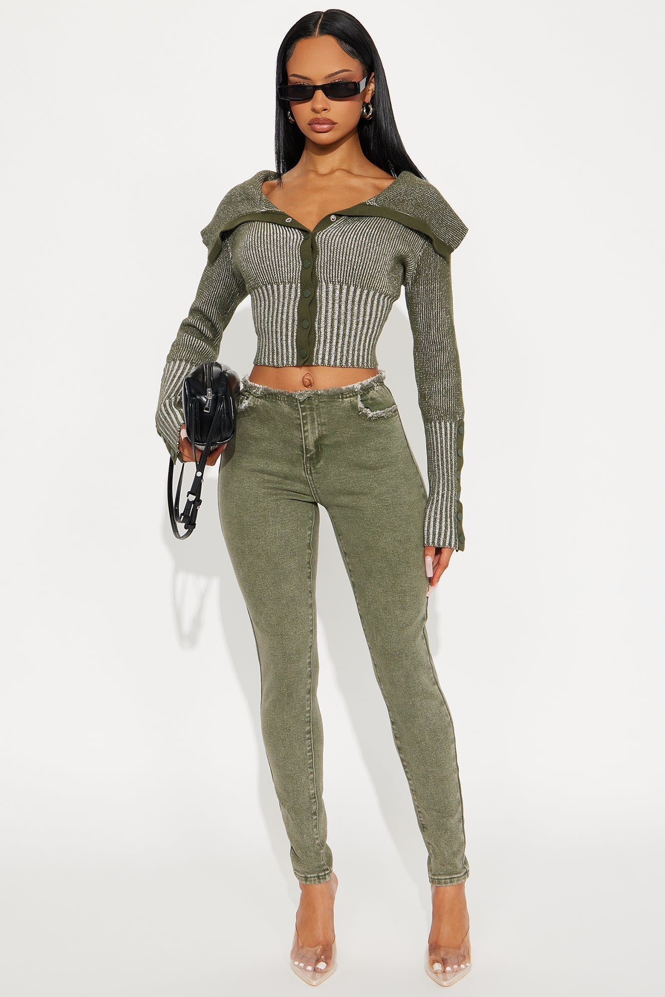 City Girl Marled Cropped Cardigan - Olive