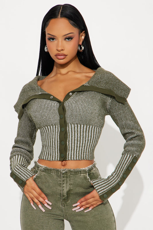 City Girl Marled Cropped Cardigan - Olive