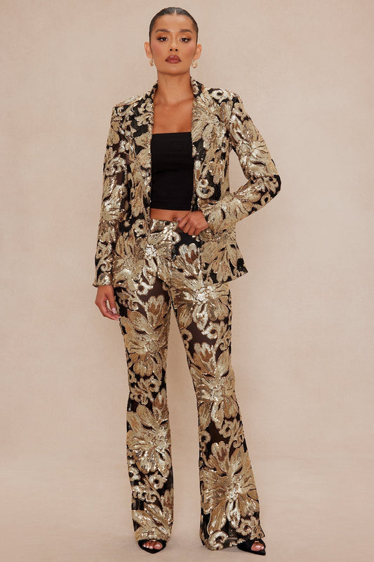 Miranda Sequin Flare Pant - Black/Gold