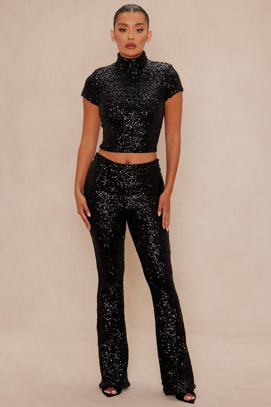 Azalea Sequin Flare Pant - Black