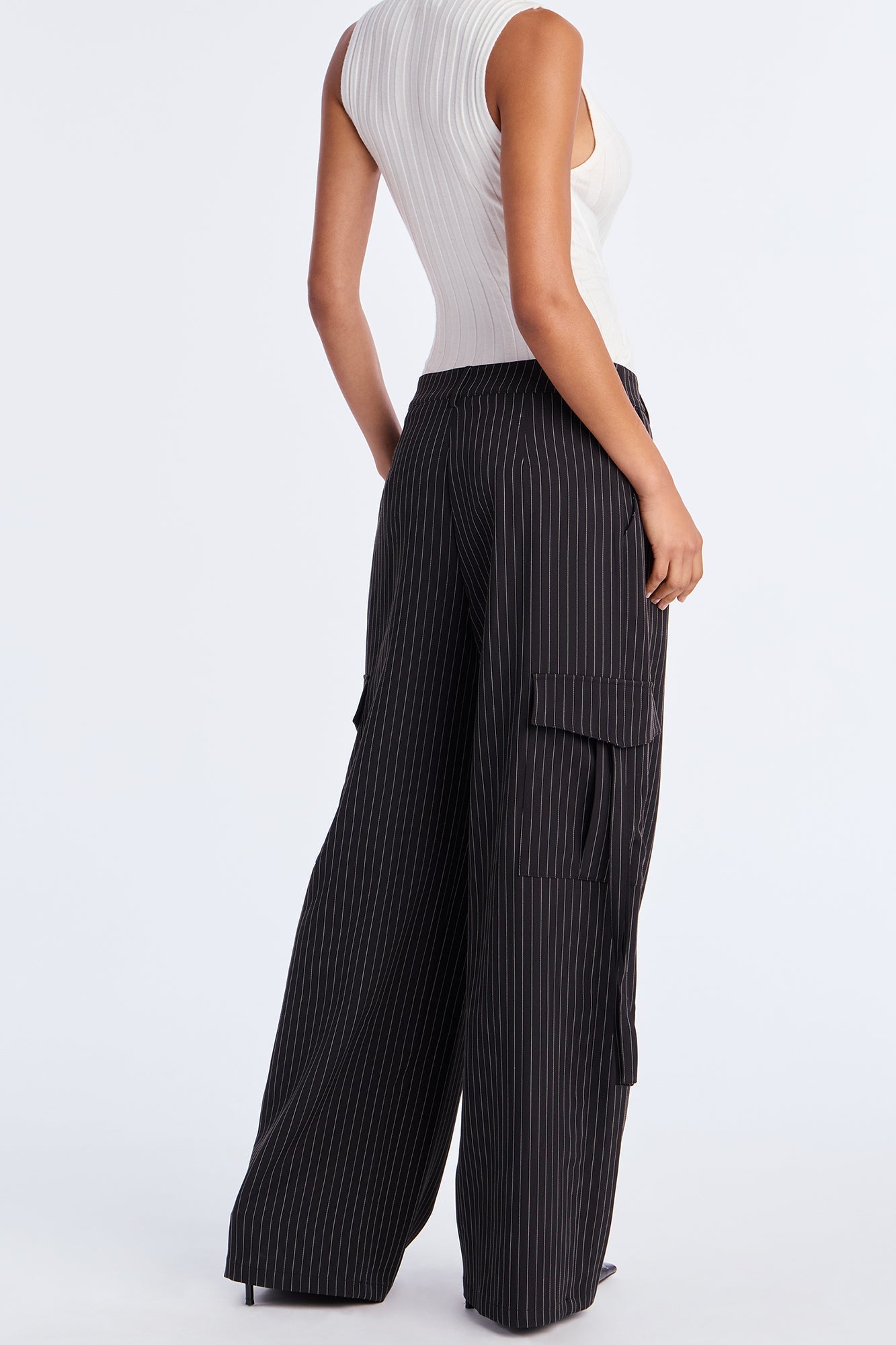 Atiya Pinstripe Wide Leg Cargo Pant 32″ - Black/White