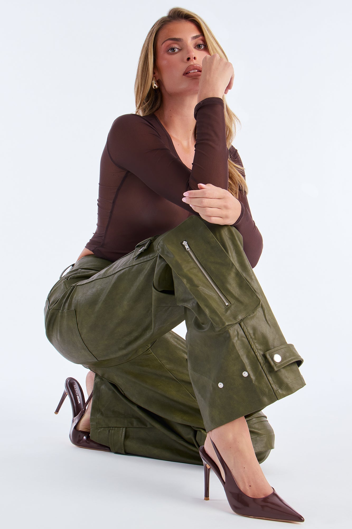 Street Heat Washed Faux Leather Cargo Pant - Military Green