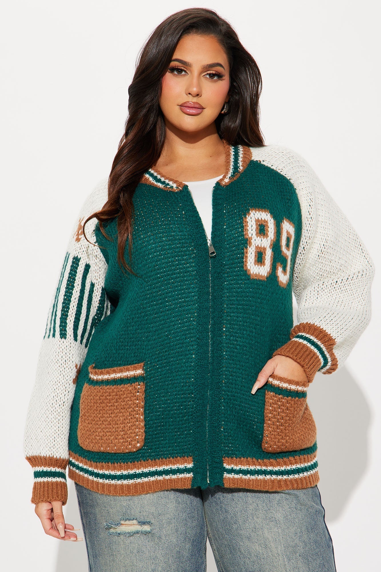 89 Forever Varsity Front Zip Sweater - Hunter