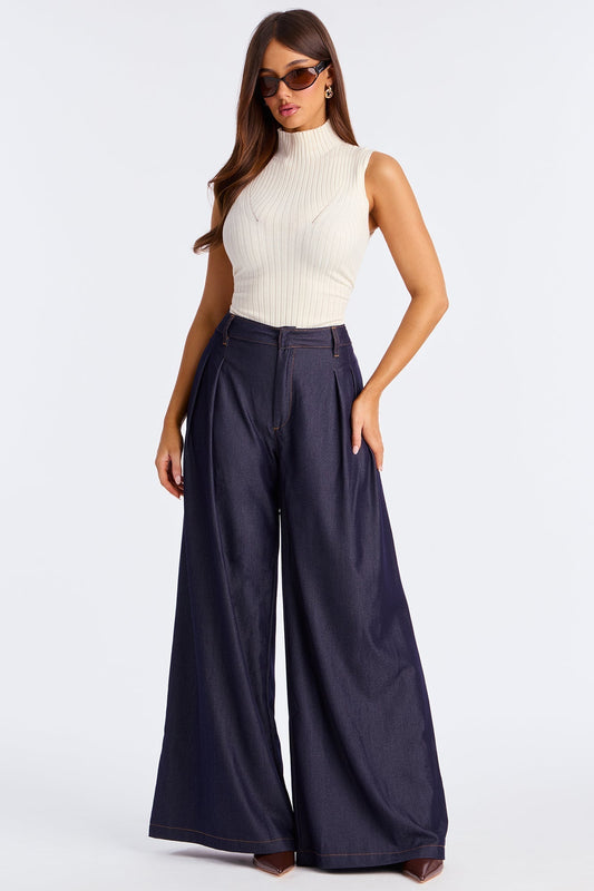 Amiah High Rise Chambray Wide Leg Pant 33 - Rinse Blue Wash