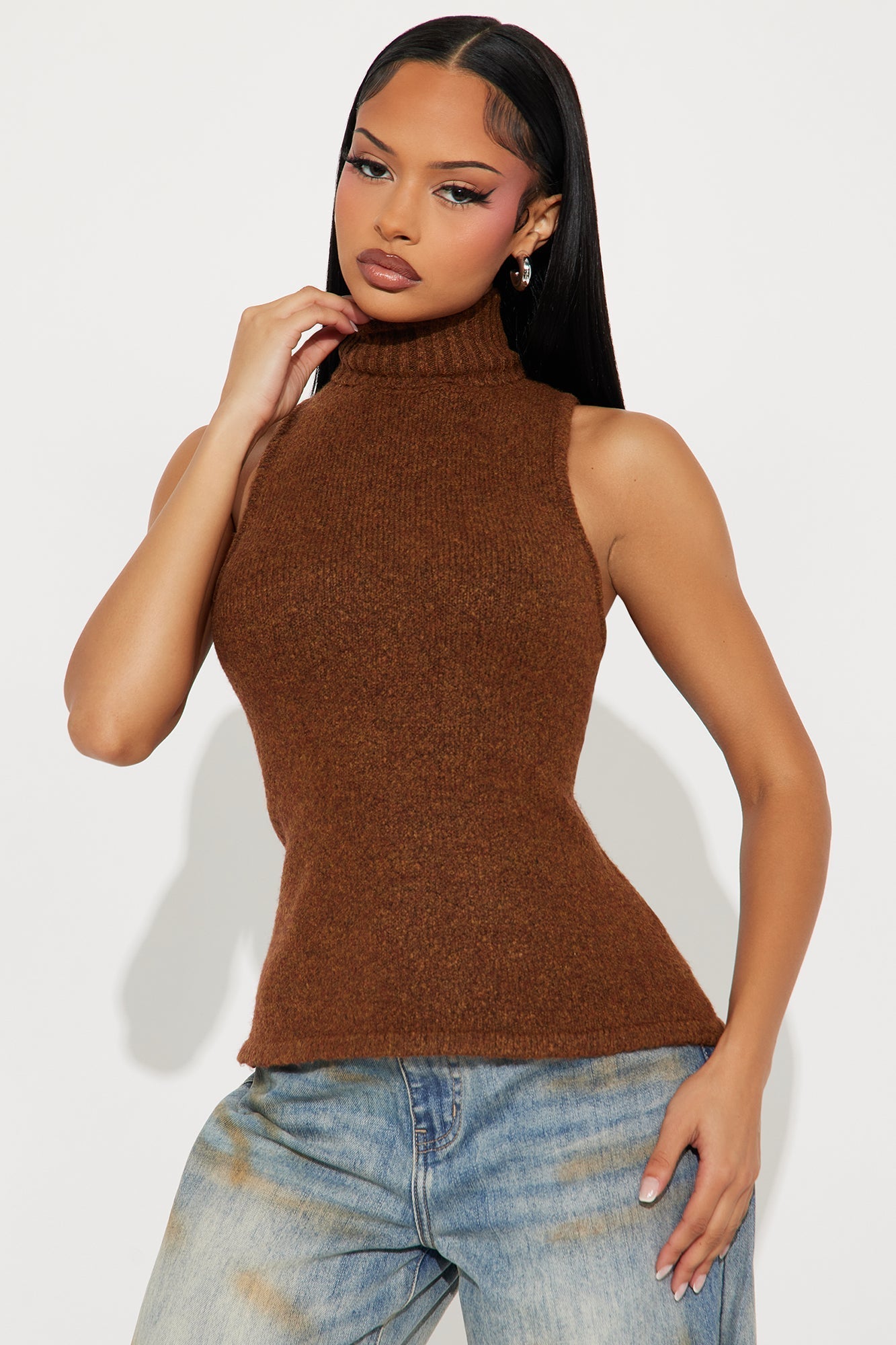 Fall Fling Turtle Neck Sweater Top - Chocolate