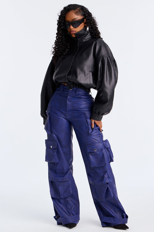 Weekend Warrior Washed Faux Leather Cargo Pant - Blue