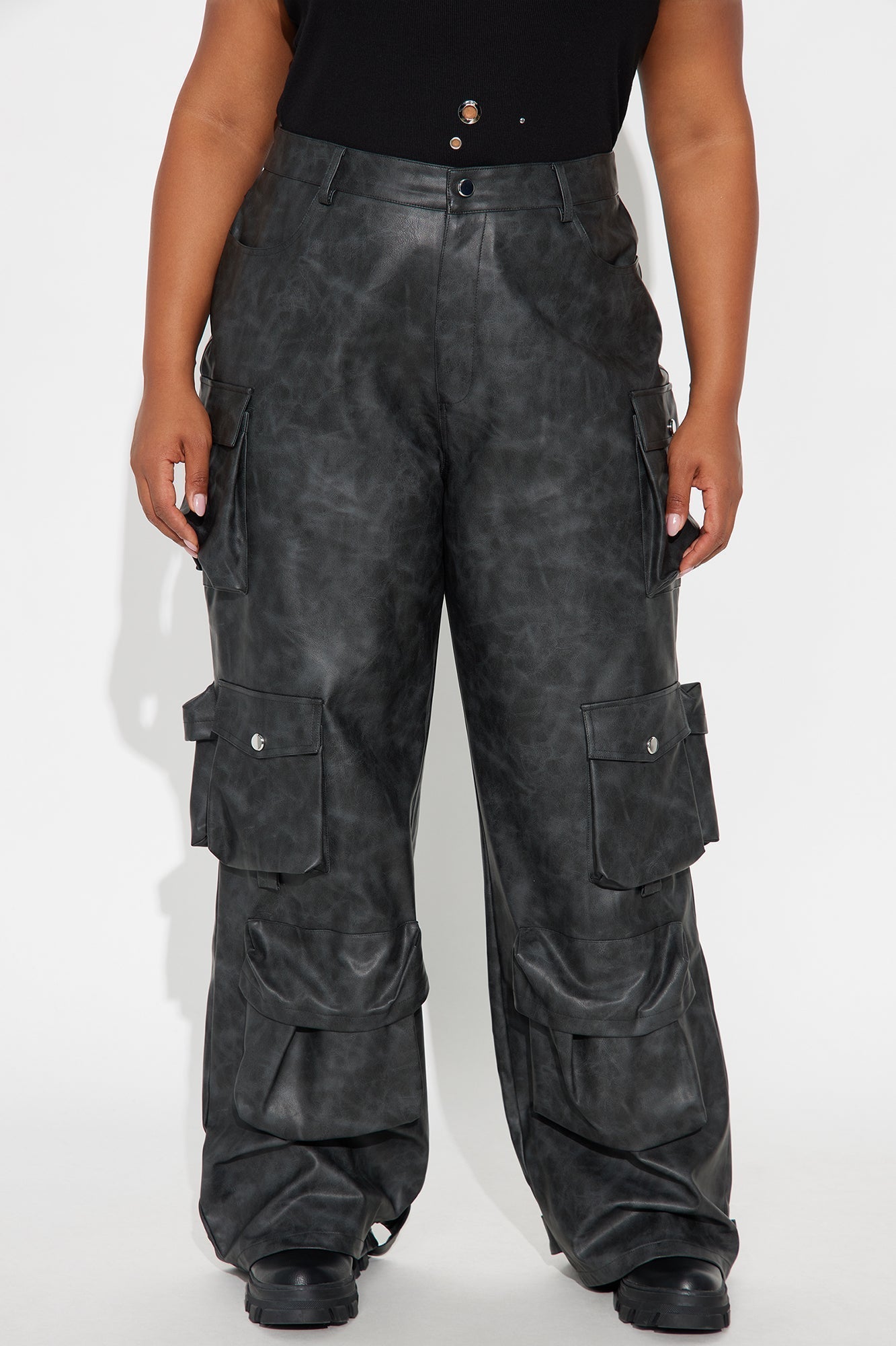 Weekend Warrior Washed Faux Leather Cargo Pant - Black Wash