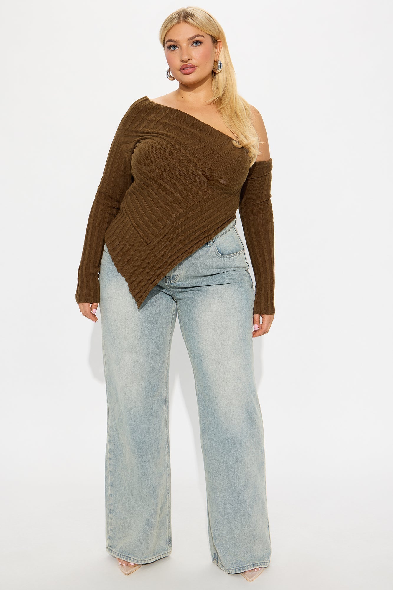 Amaya One Shoulder Long Sleeve Sweater Top - Chocolate