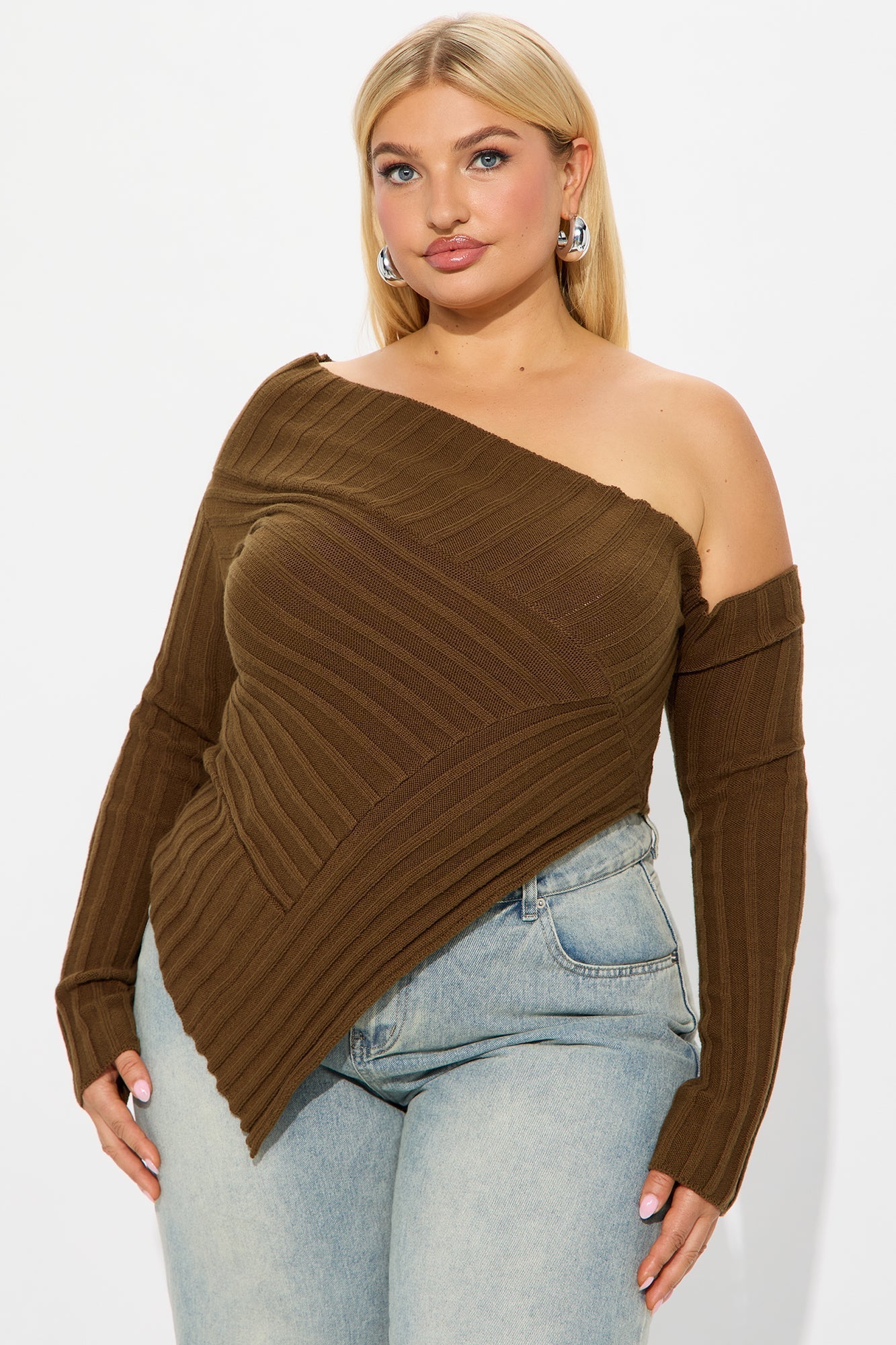 Amaya One Shoulder Long Sleeve Sweater Top - Chocolate