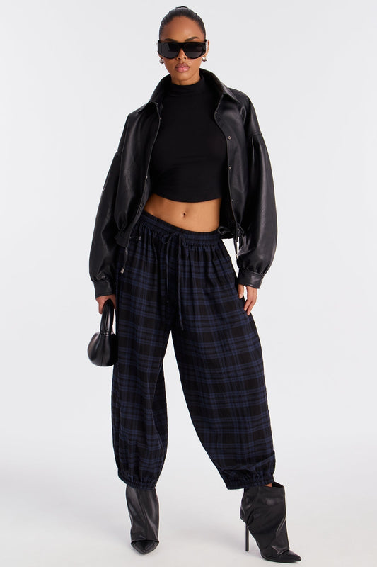 Jolene Plaid Barrel Pant - Navy