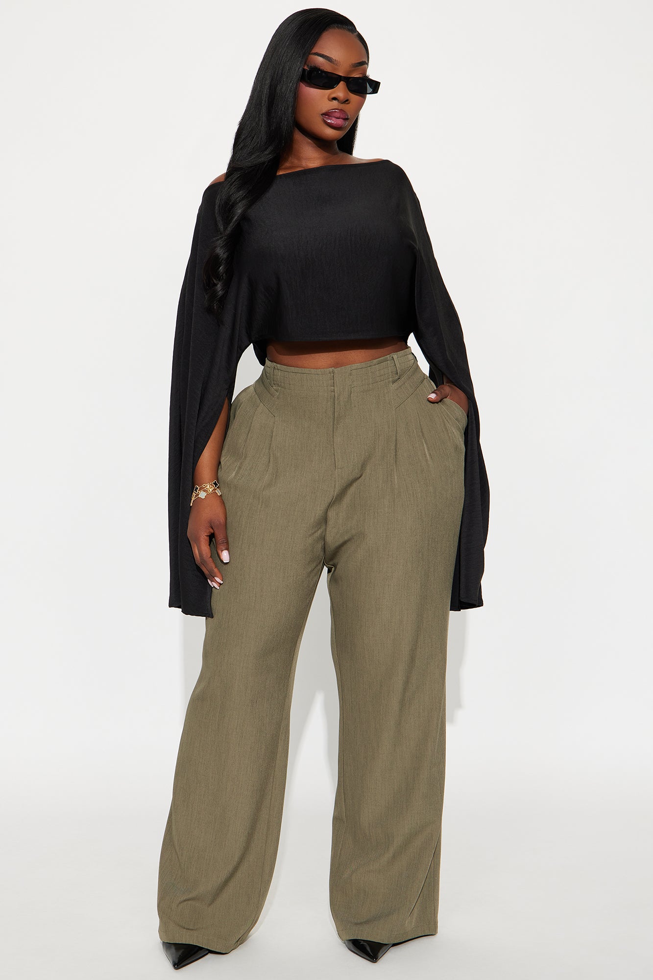 Business Plan Pleated Wide Leg Trouser Pant 32″ - Olive