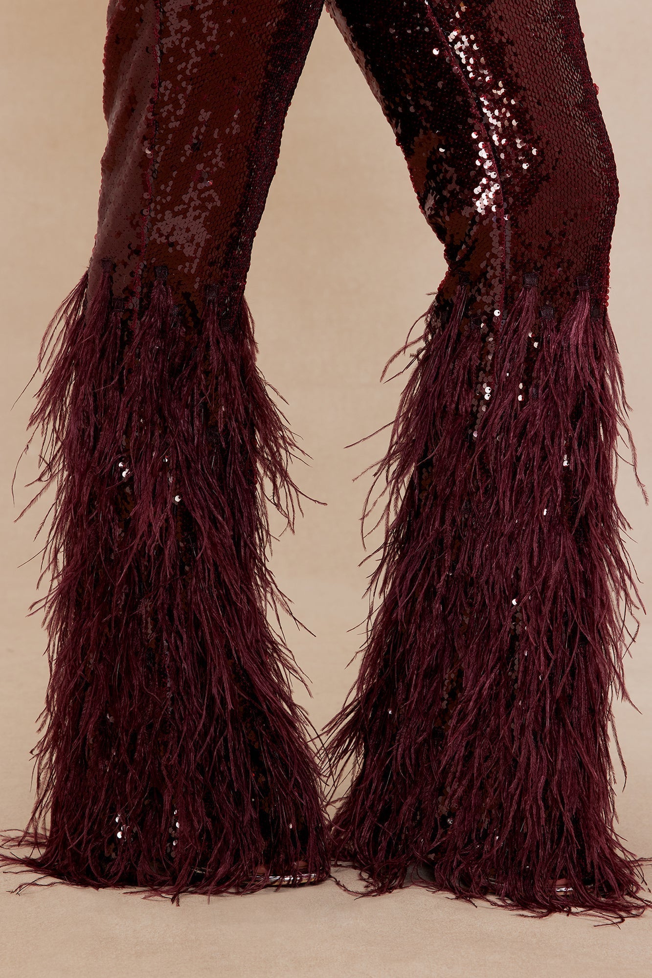 Nola Sequin Feathered Flare Pant - Wine