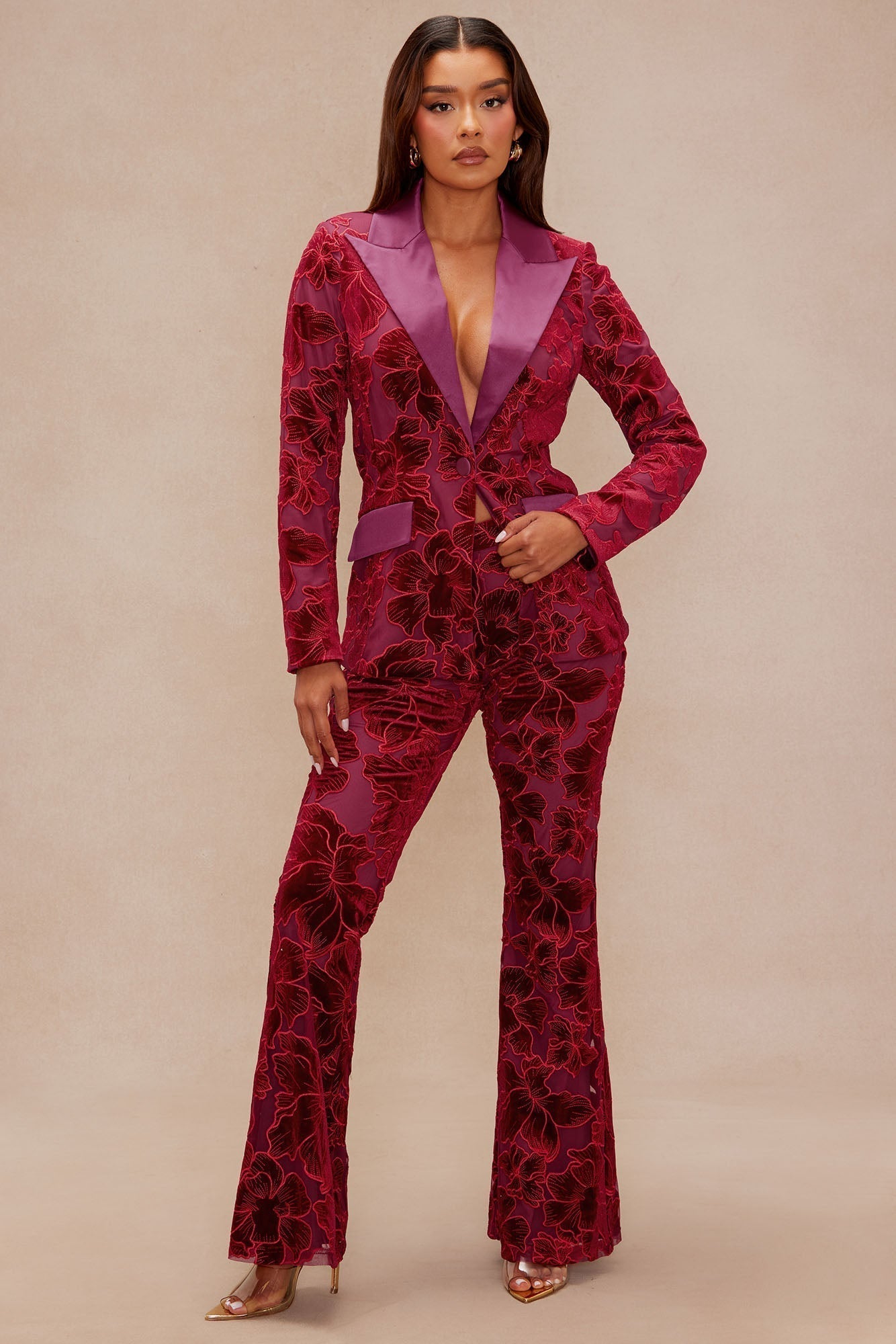 Tyra Velvet Embroidered Pant - Burgundy