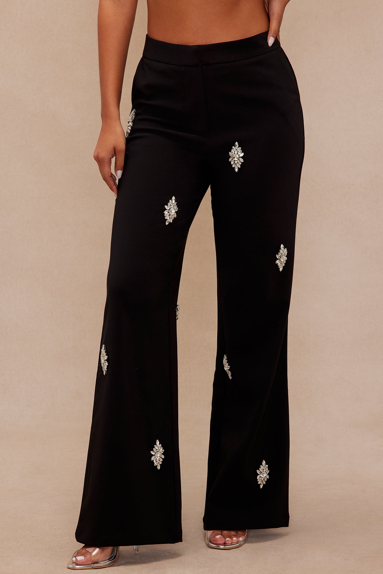 Liza Rhinestone Wide Leg Pant - Black
