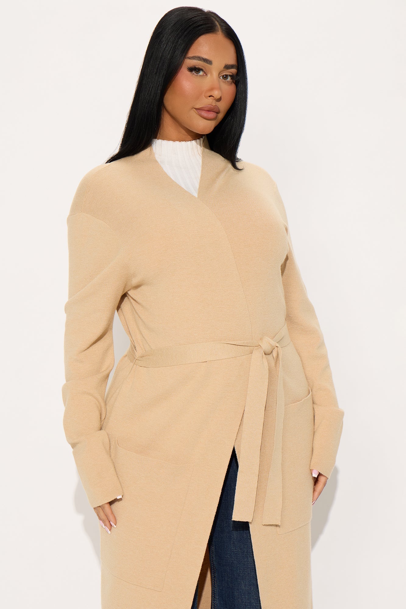 Your Fantasy Open Front Belted Cardigan - Sand
