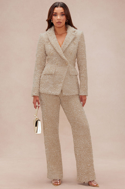 Demi Embellished Tweed Pant - Taupe