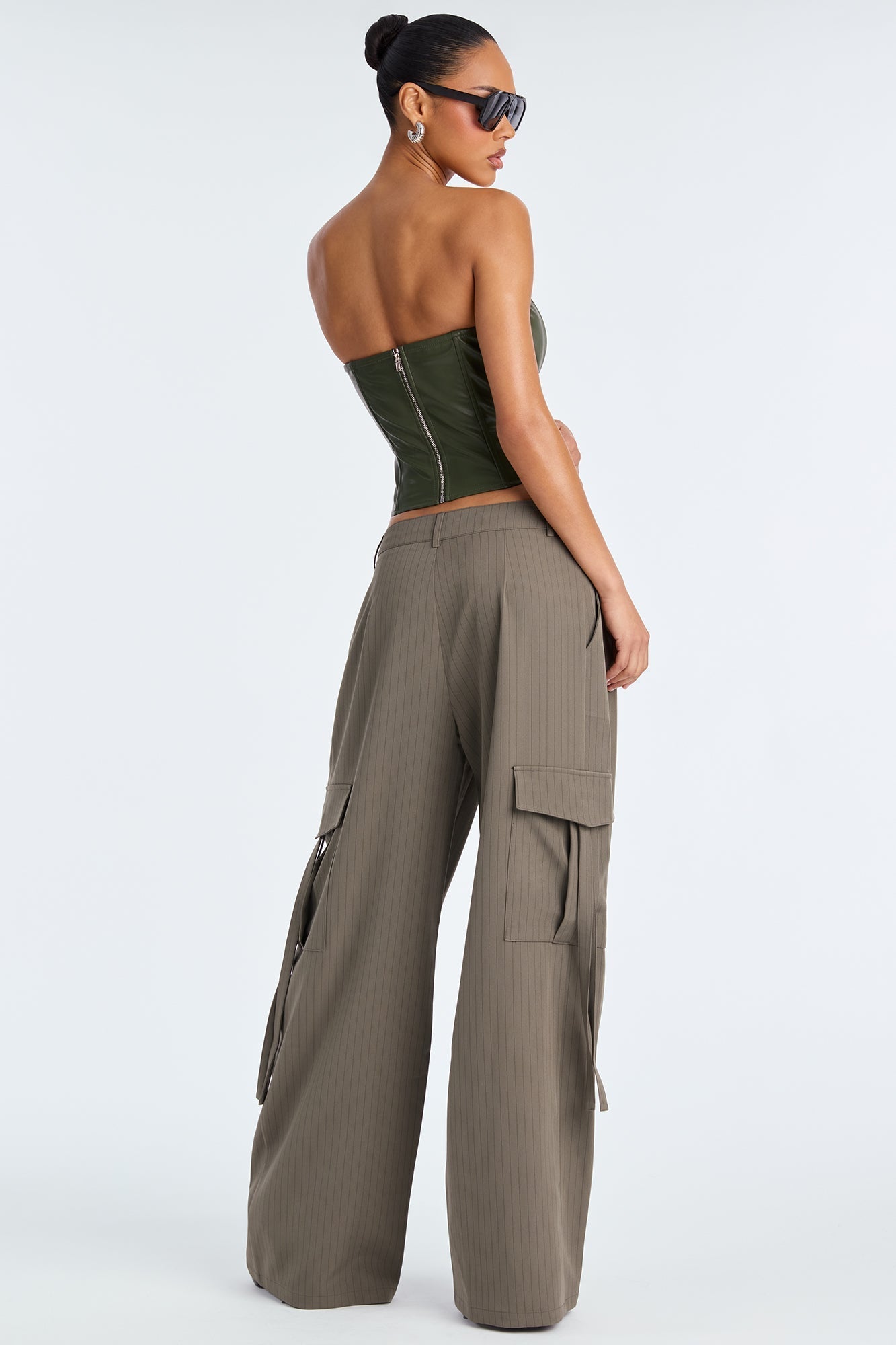 Atiya Pinstripe Wide Leg Cargo Pant 32″ - Olive