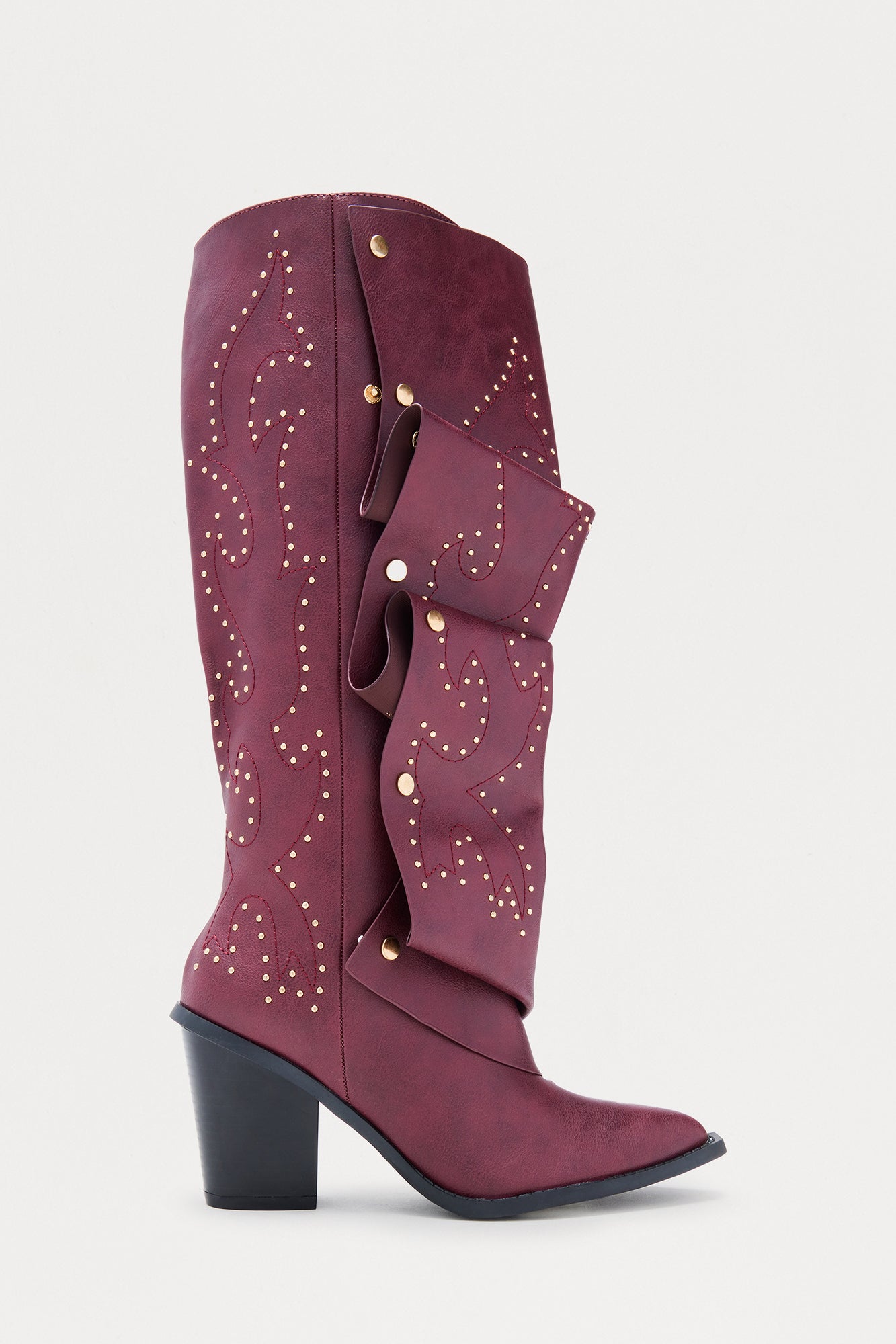Armor Studded Knee High Boots - Burgundy
