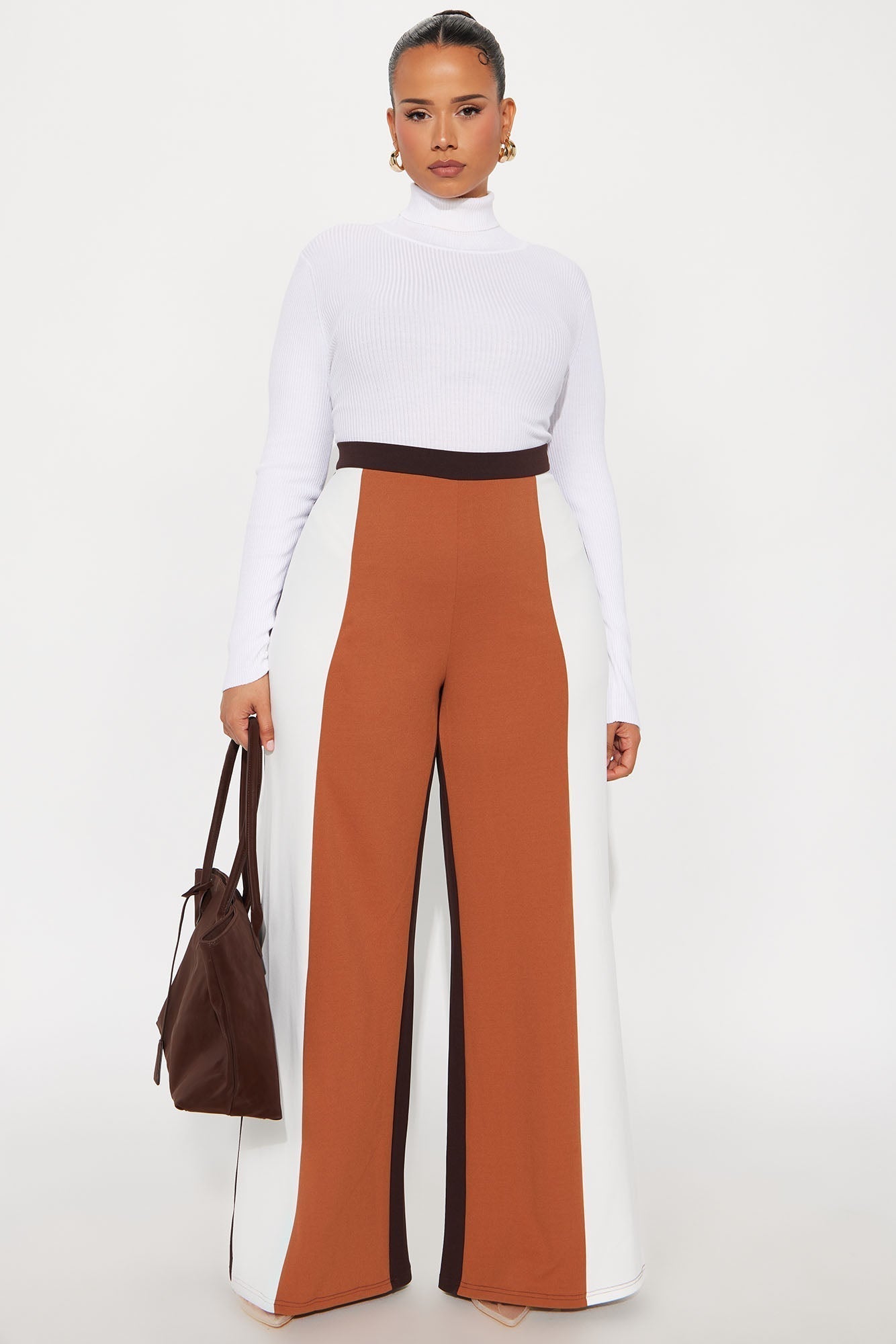Nellie Colorblock Wide Leg Trouser Pant 33 - Brown/combo
