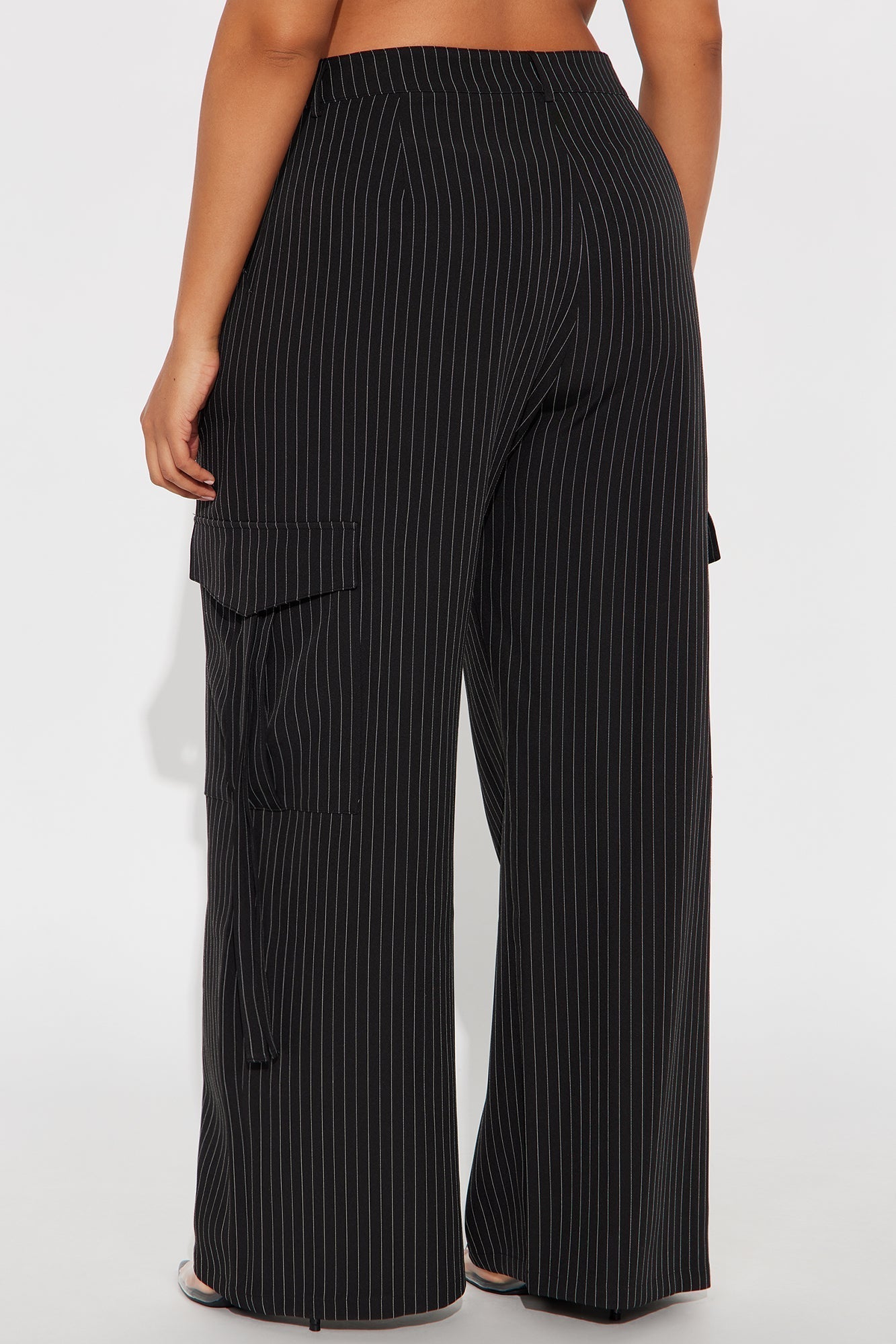 Atiya Pinstripe Wide Leg Cargo Pant 32″ - Black/White