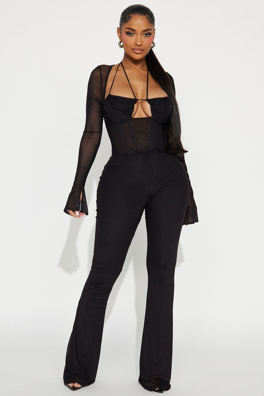 Melanie Mesh Corset Jumpsuit - Black