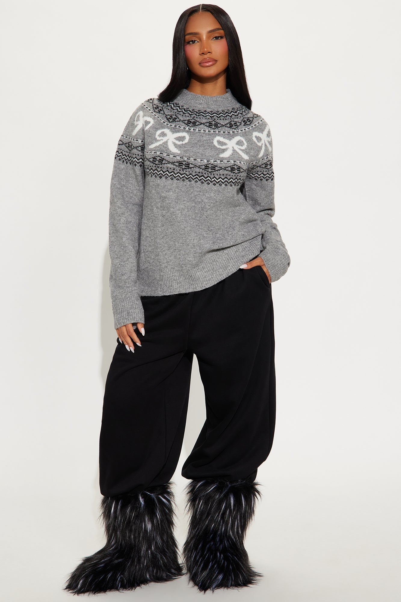 Bow Chic Pullover Sweater - Grey/combo