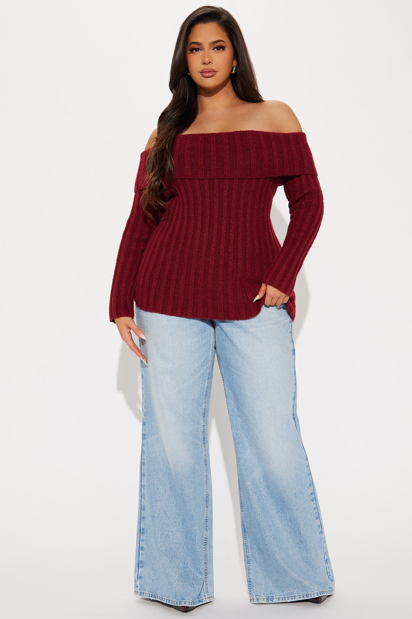 Mid City Off Shoulder Sweater - Burgundy