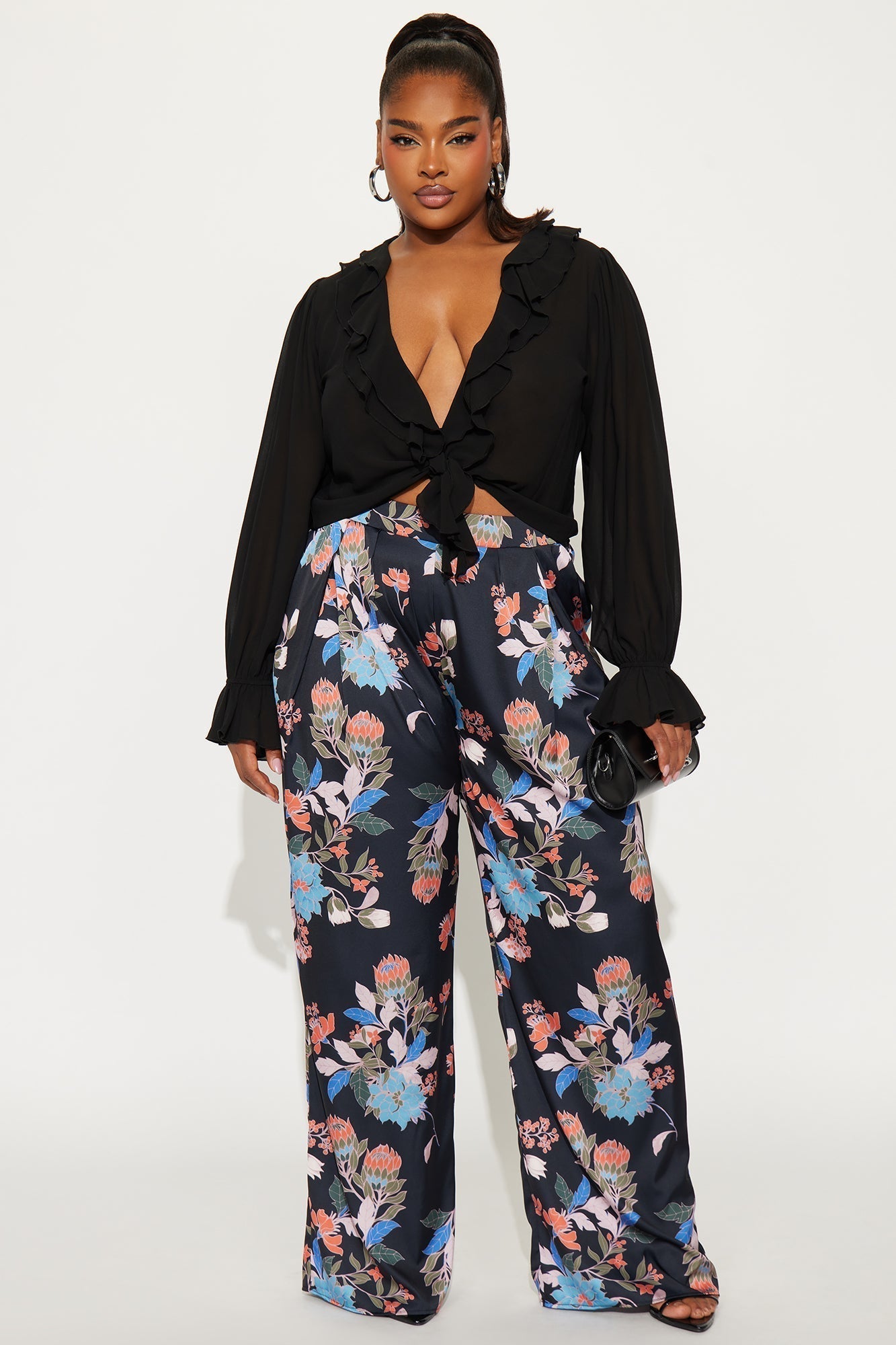 Alexus Satin Floral Wide Leg Pant 33 - Black/combo