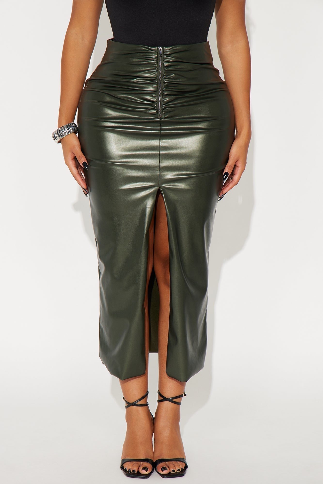 Not That Into You Faux Leather Maxi Skirt - Military Green