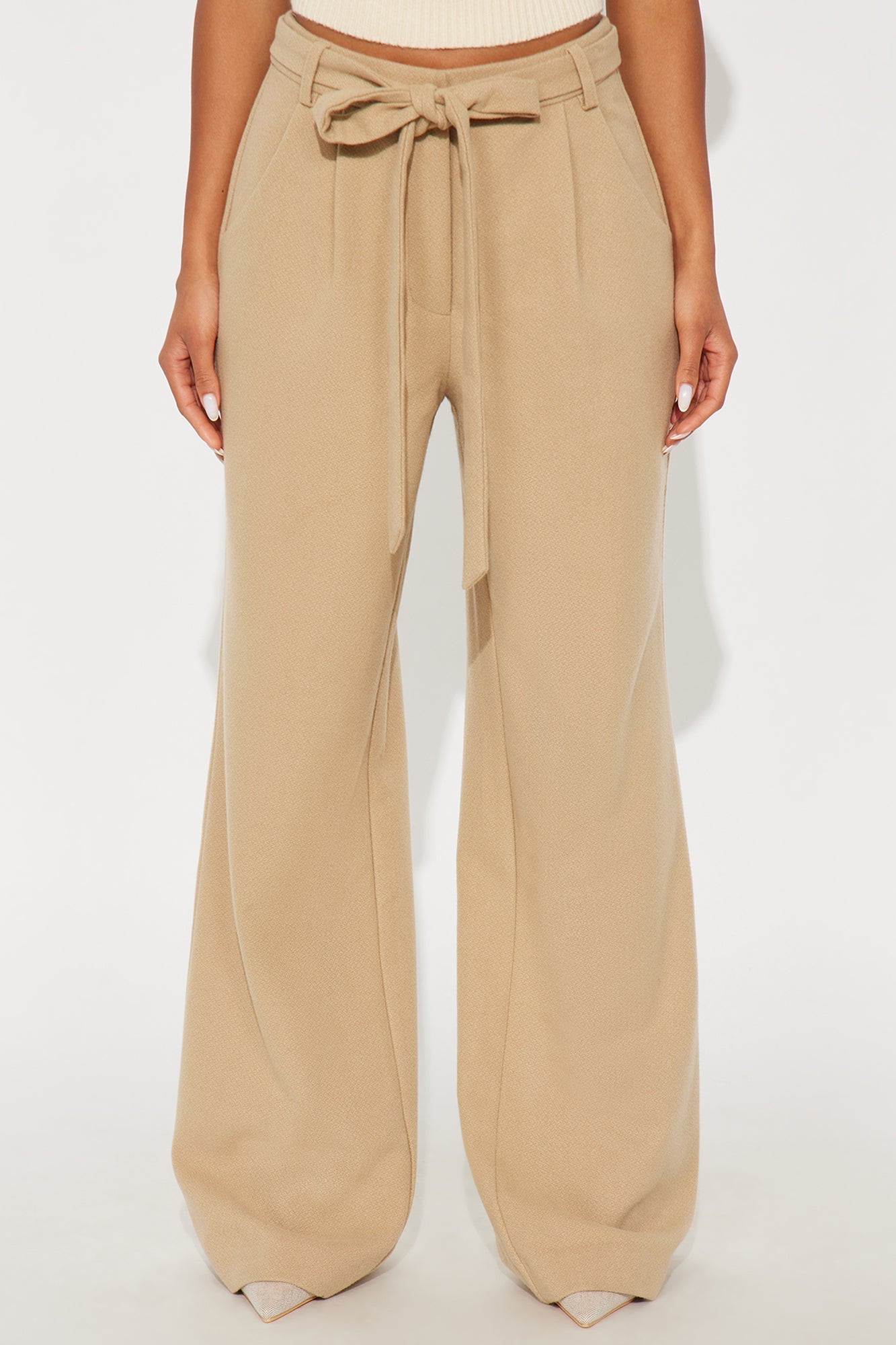 News Briefing Boucle Belted Wide Leg Pant 32″ - Taupe
